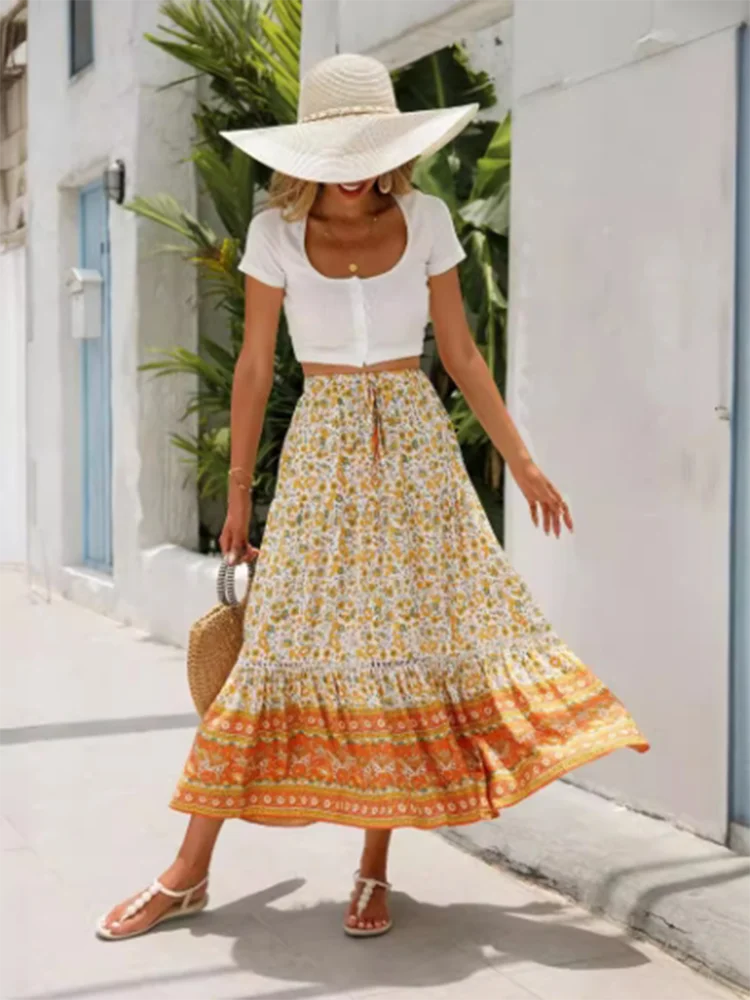 Floral Printed Long Skirt Lace Up Slightly Elastic Women's Half Skirt Vacation Leisure Bohemian Style Summer Half Skirt
Floral Printed Long Skirt Lace Up Slightly Elastic Women's Half Skirt Vacation Leisure Bohemian Style Summer Half Skirt