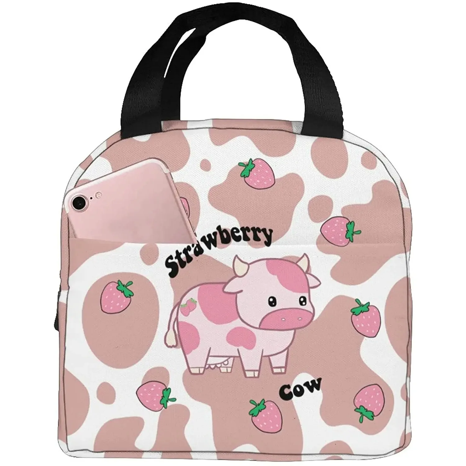 Ланч-бокс с клубничной коровой, многоразовая сумка для обеда, мультяшная розовая сумка-тоут с передним карманом для женщин/мужчин, работа, школьница, мальчик, путешествие 
Ланч-бокс с клубничной коровой, многоразовая сумка для обеда, мультяшная розовая сумка-тоут с передним карманом для женщин/мужчин, работа, школьница, мальчик, путешествие