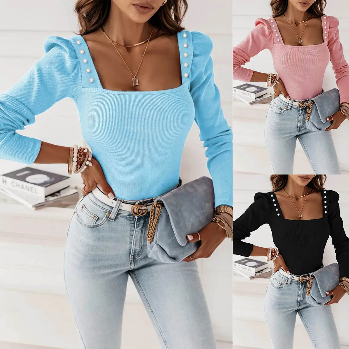 Women's Long-sleeved T-shirt Square Collar Beaded Slim Fit Pink Girl's Top Black Casual and Fashion Tees for Female
Women's Long-sleeved T-shirt Square Collar Beaded Slim Fit Pink Girl's Top Black Casual and Fashion Tees for Female
