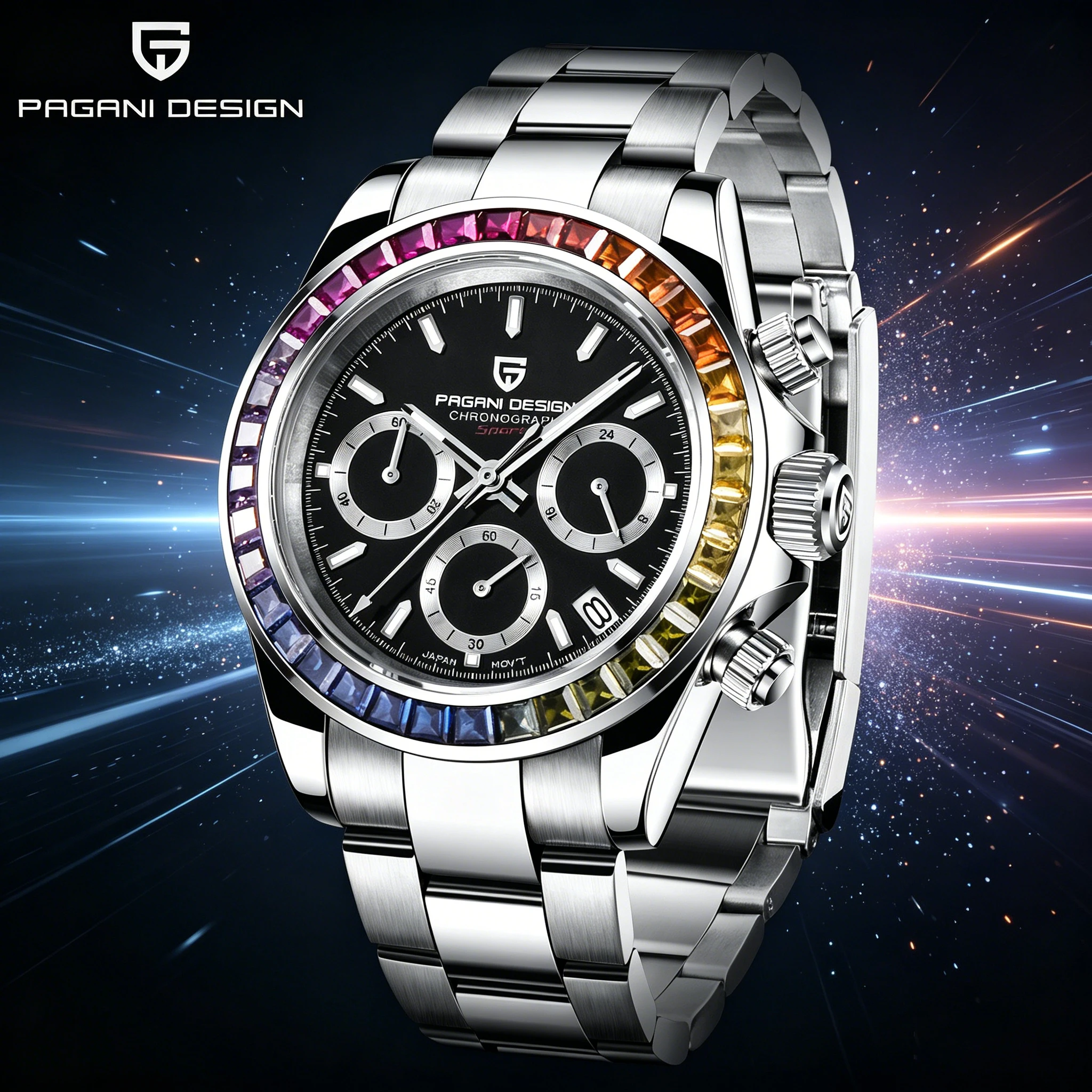 PAGANI DESIGN 40mm Rainbow Bezel Watch Men Quartz Chronograph Stainless Steel Waterproof Men Watch VK63 Sapphire Fashion Watches
PAGANI DESIGN 40mm Rainbow Bezel Watch Men Quartz Chronograph Stainless Steel Waterproof Men Watch VK63 Sapphire Fashion Watches