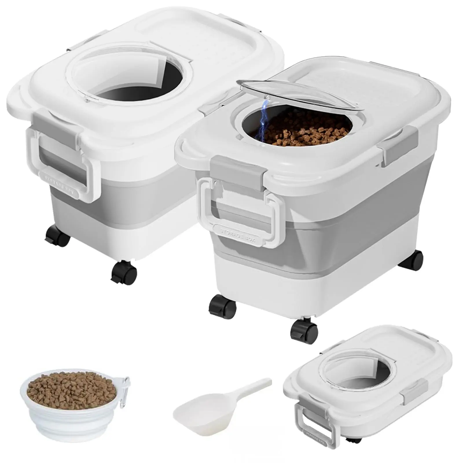 Collapsible Dog Food Keep Dry Fresh Storage Container Bucket With Wheels and Bowl
Collapsible Dog Food Keep Dry Fresh Storage Container Bucket With Wheels and Bowl