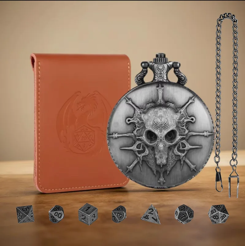 7Pcs/set Mini Size Metal Polyhedral Dice Steampunk Skull Pocket Watch Case Dice Holder with Leather Pouch for Tabletop Games
7Pcs/set Mini Size Metal Polyhedral Dice Steampunk Skull Pocket Watch Case Dice Holder with Leather Pouch for Tabletop Games