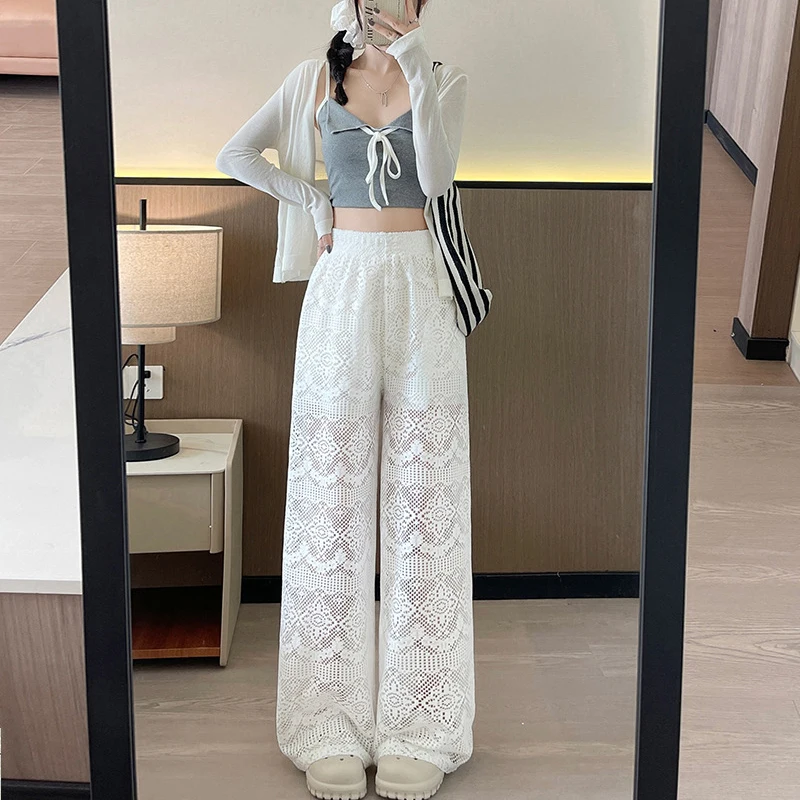 White Lace Wide Leg Pants Women 2025 New Summer Thin High Waist Hollow Stitching With Waist Chain Ice Silk Floor Trousers
White Lace Wide Leg Pants Women 2025 New Summer Thin High Waist Hollow Stitching With Waist Chain Ice Silk Floor Trousers