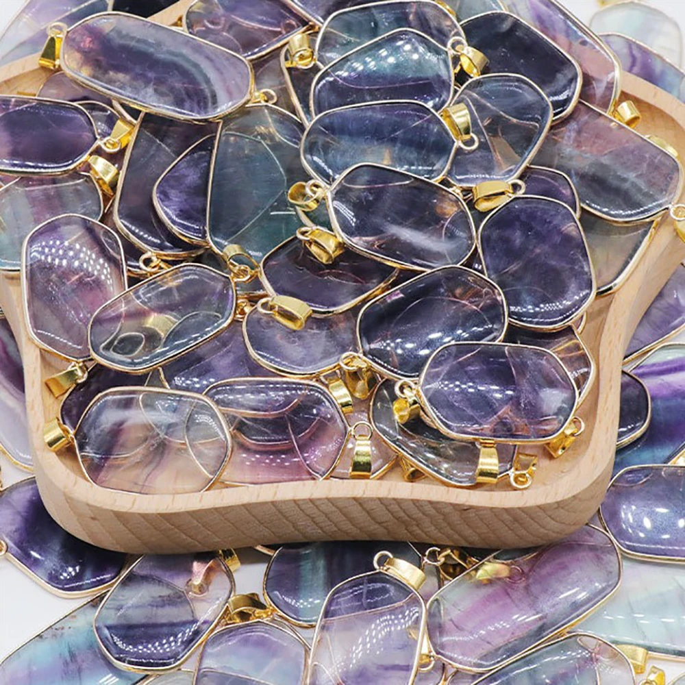 Rainbow Fluorite Crystal Flat Pendant Natural Healing Crystals Green Purple Colorful Quartz Golden Silver Tone Edge Random Color
Rainbow Fluorite Crystal Flat Pendant Natural Healing Crystals Green Purple Colorful Quartz Golden Silver Tone Edge Random Color