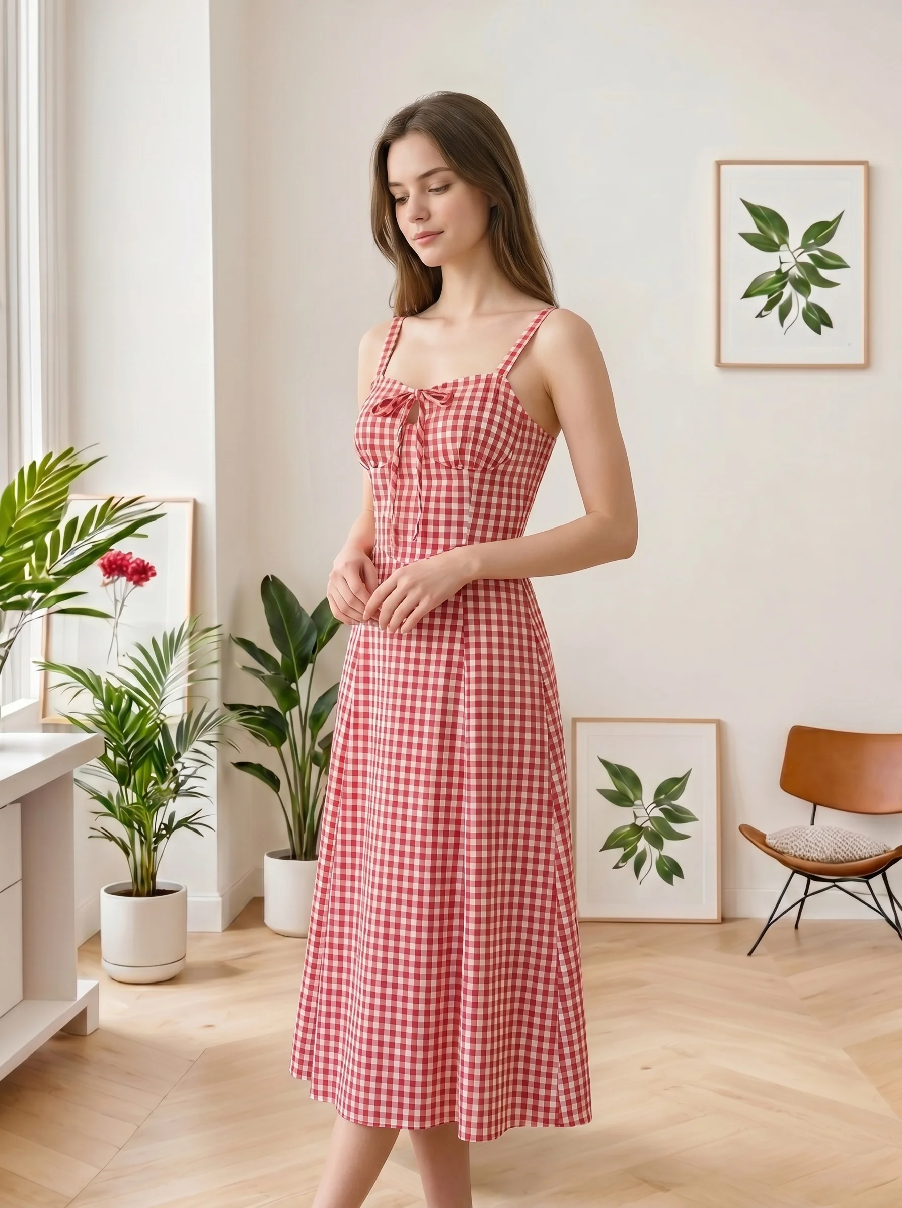 Women's Gingham Plaid Midi Dress Spaghetti Strap Front Tie Cutout A-Line Sleeveless Sundress
Women's Gingham Plaid Midi Dress Spaghetti Strap Front Tie Cutout A-Line Sleeveless Sundress
