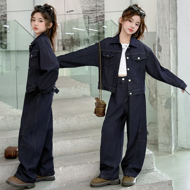 teen girls cowboy clothes set Design denim jacket+Wide leg jeans 2pcs junior kids pants suit child outfits vetement enfant fille
teen girls cowboy clothes set Design denim jacket+Wide leg jeans 2pcs junior kids pants suit child outfits vetement enfant fille