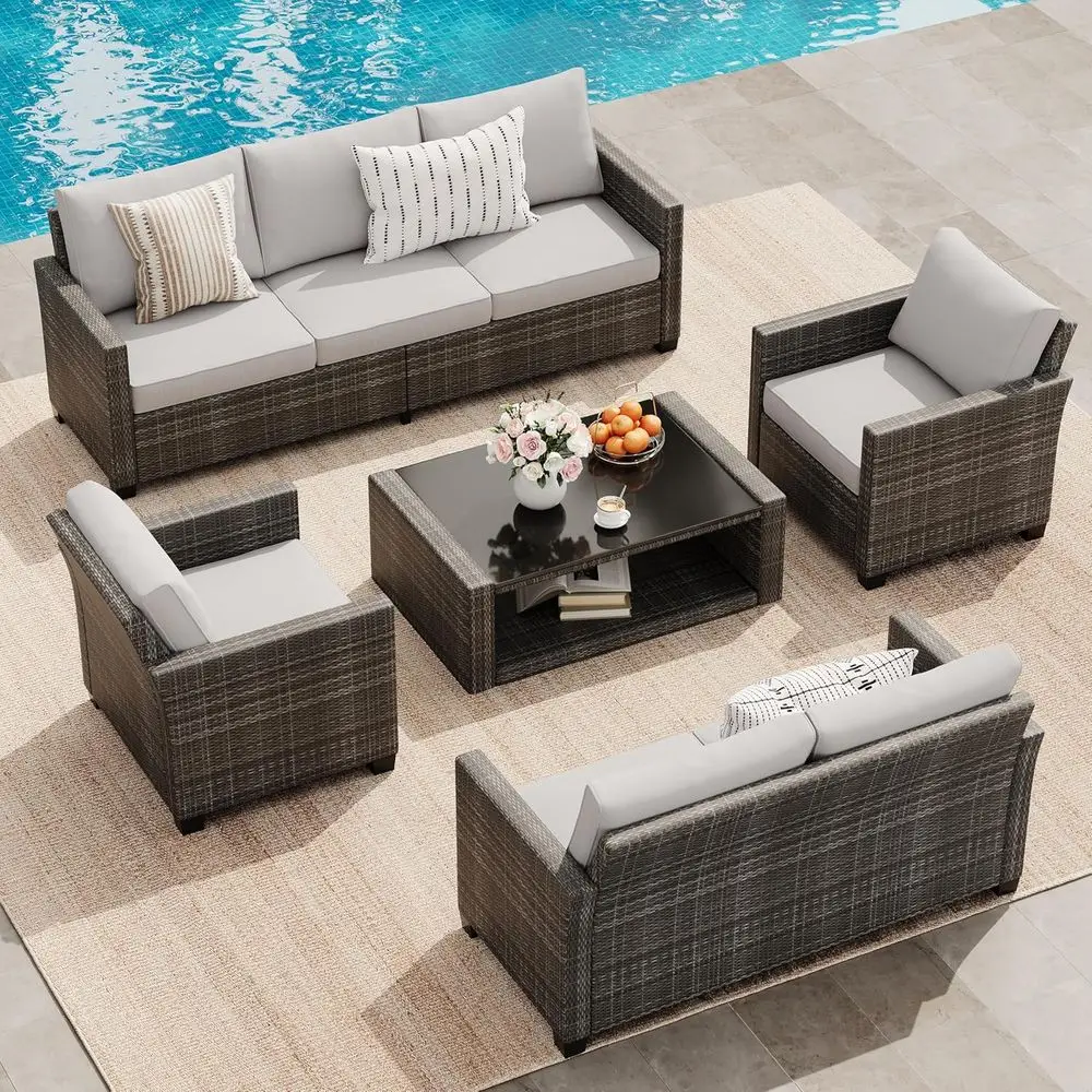 5-Piece Grey Rattan Patio Furniture Set with 7-Seater Wicker Sectional Sofa and Coffee Table
5-Piece Grey Rattan Patio Furniture Set with 7-Seater Wicker Sectional Sofa and Coffee Table