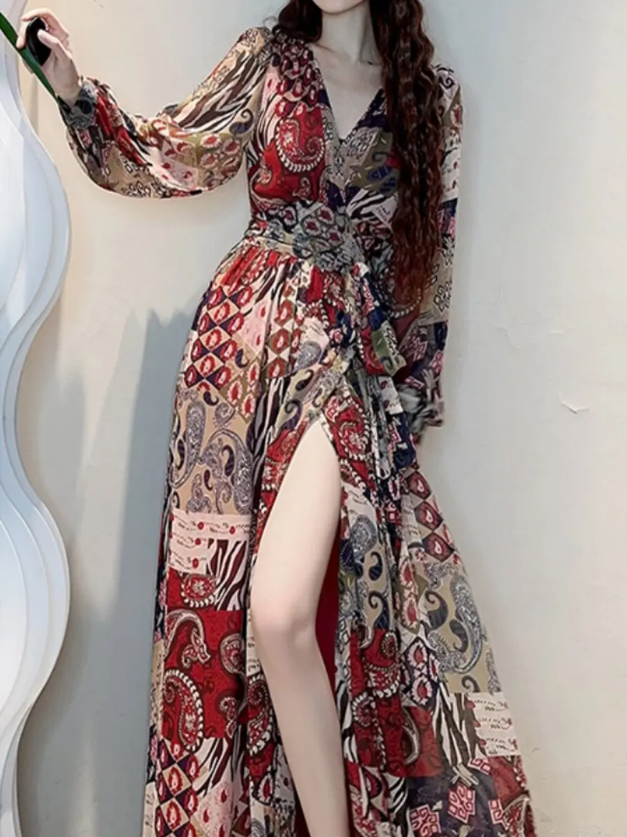 2026 New Women Goddess Style Crossed Belted Slimming Dress Elegant Long Skirt Bohemian Print Slim Fit Long Sleeve V-Neck Dress
2026 New Women Goddess Style Crossed Belted Slimming Dress Elegant Long Skirt Bohemian Print Slim Fit Long Sleeve V-Neck Dress