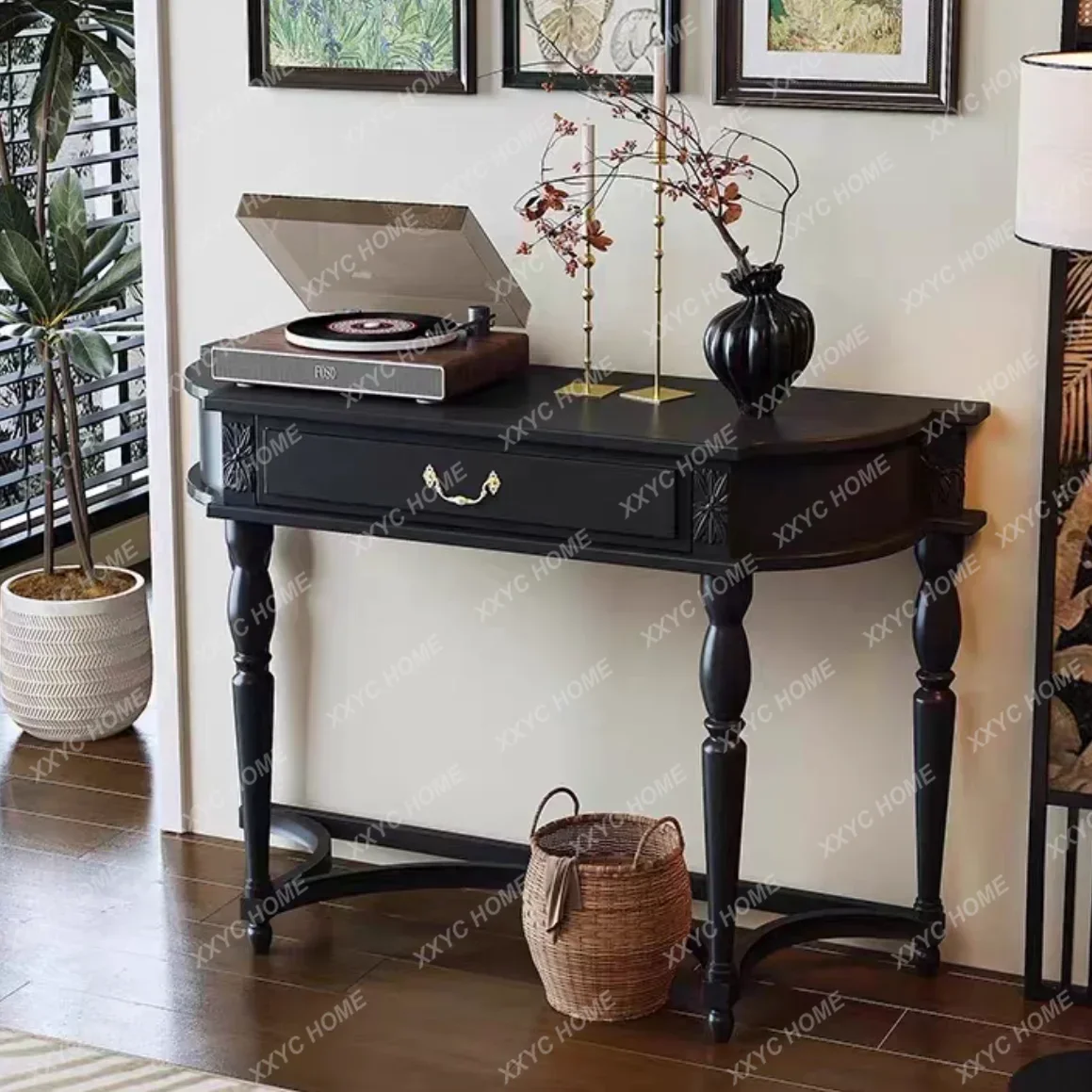 Y retro entrance table black solid wood semicircular storage foyer end view table
Y retro entrance table black solid wood semicircular storage foyer end view table