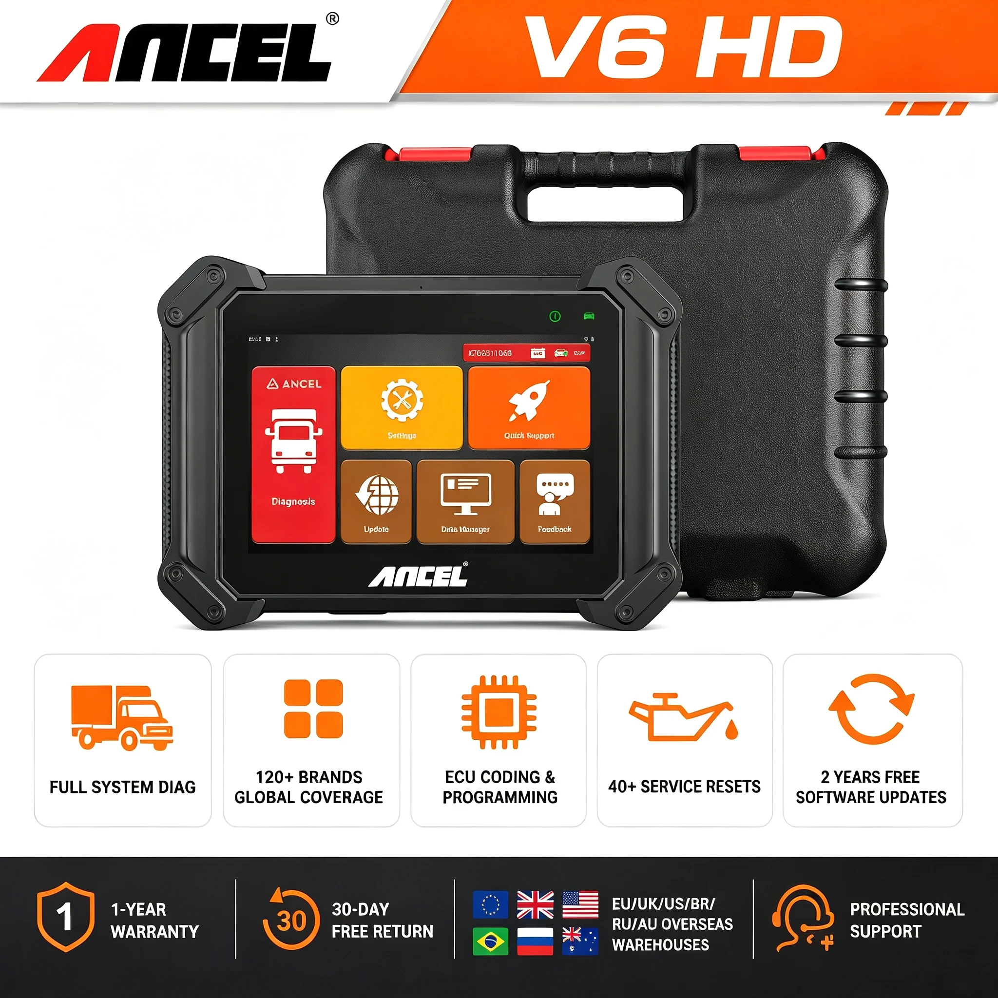 Heavy Duty Truck Diagnostic Tool 40+ Resets DPF Regen Bidirectional ECU Coding Full System ANCEL V6 HD Diesel OBD2 Scanner
Heavy Duty Truck Diagnostic Tool 40+ Resets DPF Regen Bidirectional ECU Coding Full System ANCEL V6 HD Diesel OBD2 Scanner