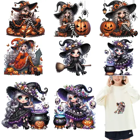 The Little Witch of Halloween Patches on Clothes Iron on Heat Transfer Patches Iron on Clothing Stickers Custom Patch DTF