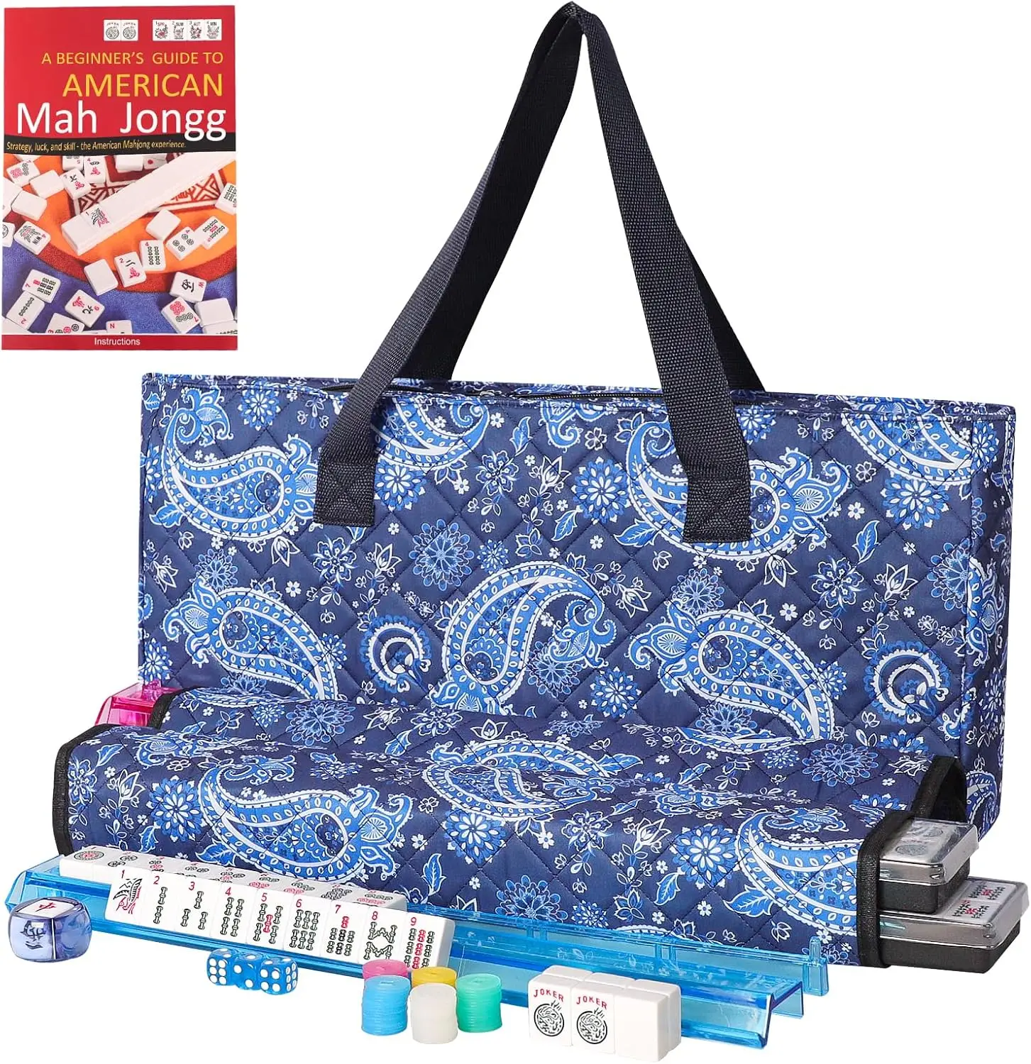American Mahjong Game Set, 166 White Tiles, Blue Printed Bag, 4 Rack/Pushers, Complete Accessories
American Mahjong Game Set, 166 White Tiles, Blue Printed Bag, 4 Rack/Pushers, Complete Accessories
