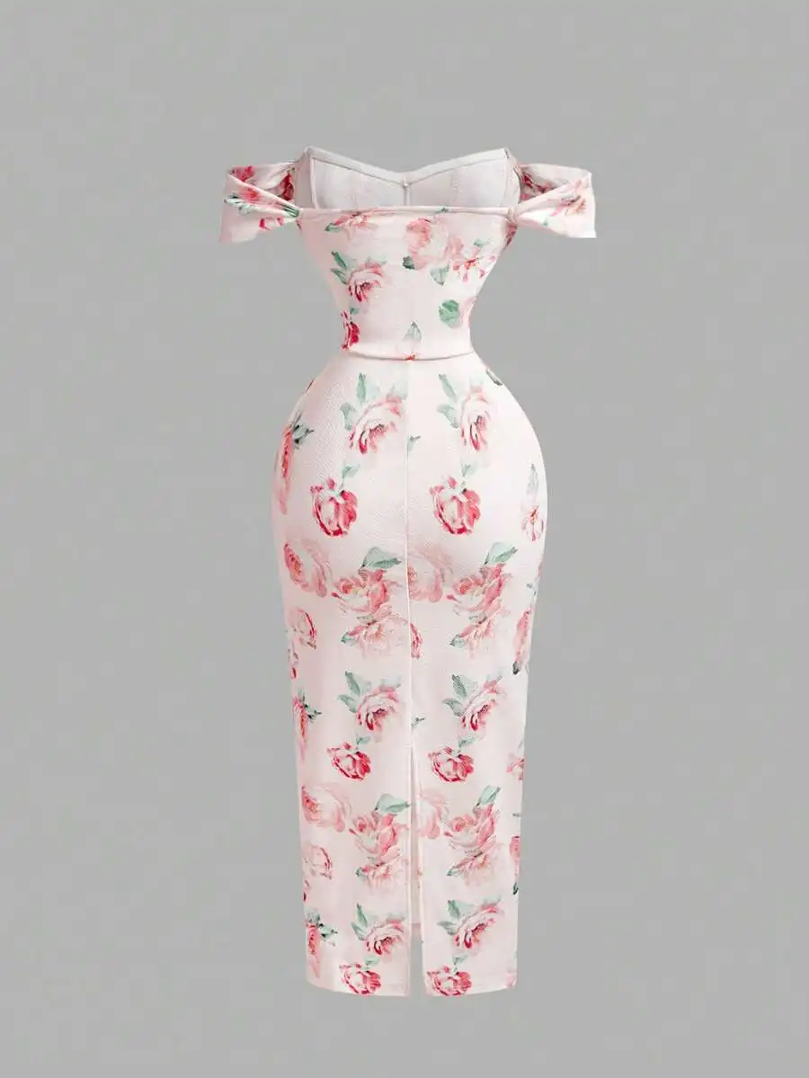 Pink Floral Off-Shoulder Bodycon Corset Midi Dress With Slit
Pink Floral Off-Shoulder Bodycon Corset Midi Dress With Slit