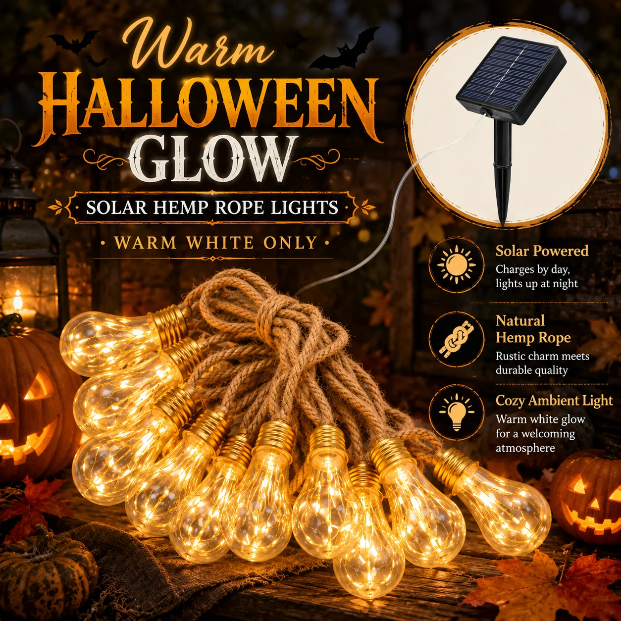 Halloween Solar Hemp Rope Bulb String Lights Warm White Vintage Edison Fairy Lights for Garden Patio Porch Yard Party Decor
Halloween Solar Hemp Rope Bulb String Lights Warm White Vintage Edison Fairy Lights for Garden Patio Porch Yard Party Decor