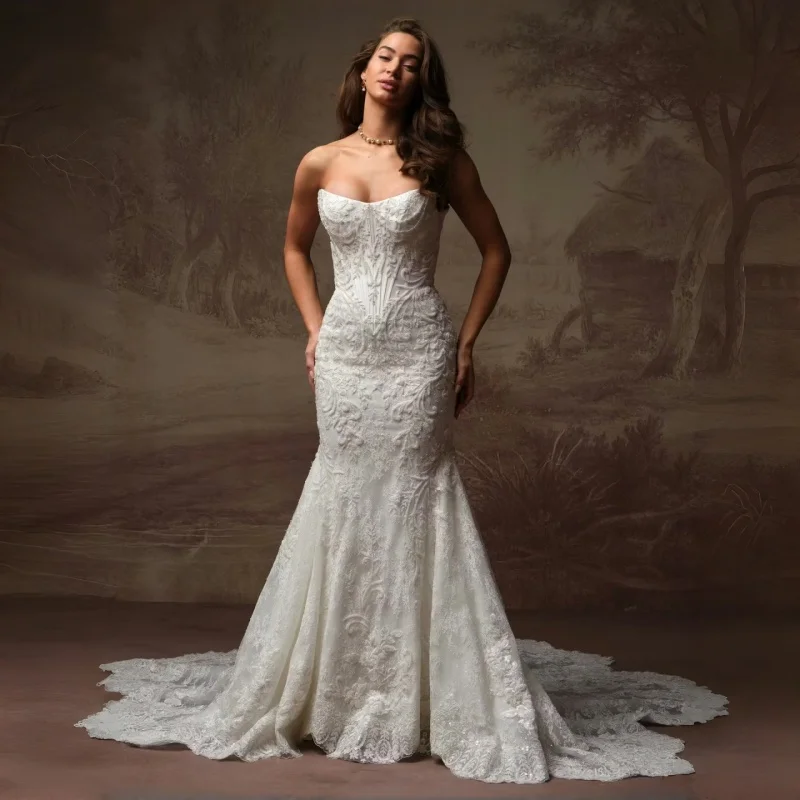 Detachable Sheer Lace Train Mermaid Wedding Dress Strapless Beaded Bridal Gown Sweetheart Lace Applique Gowns Customized
Detachable Sheer Lace Train Mermaid Wedding Dress Strapless Beaded Bridal Gown Sweetheart Lace Applique Gowns Customized