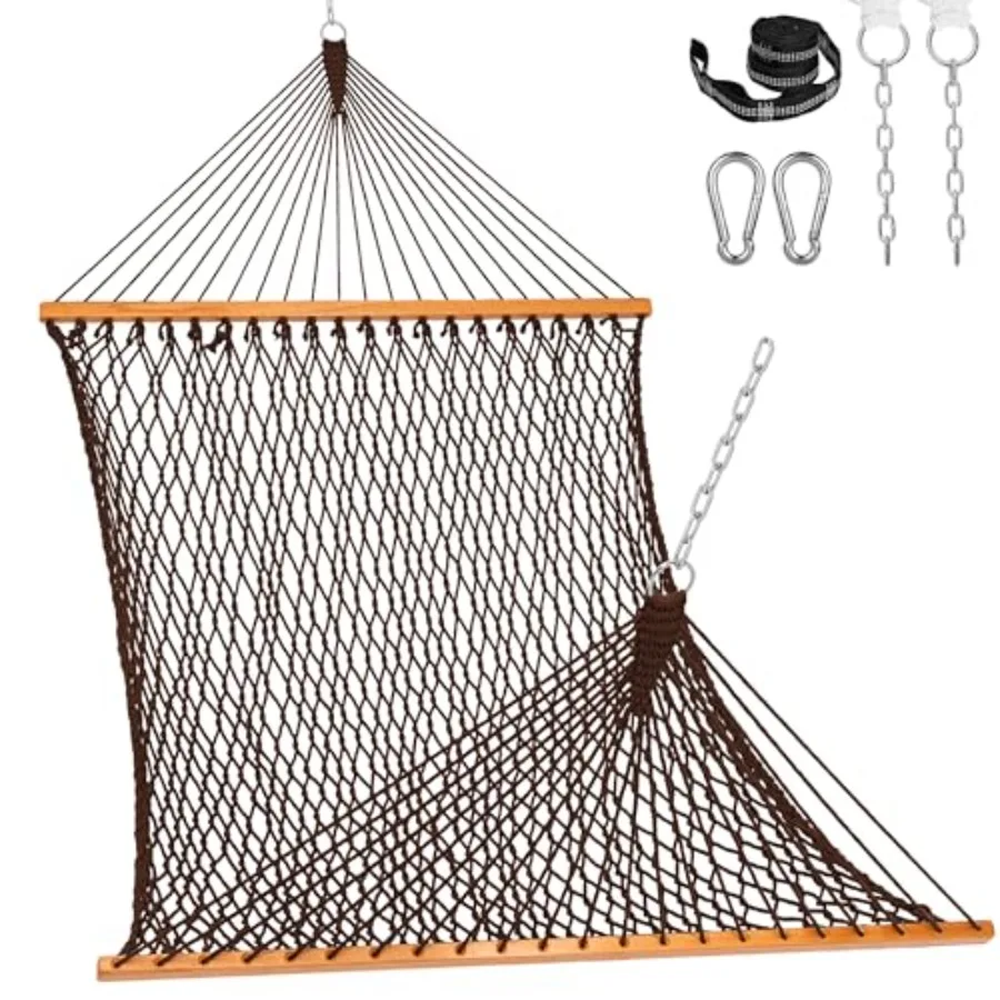 Outdoor double rope hammock for 2 people, hand-woven cotton rope, natural beige, includes spreader bar, carabiners, tree straps
Outdoor double rope hammock for 2 people, hand-woven cotton rope, natural beige, includes spreader bar, carabiners, tree straps