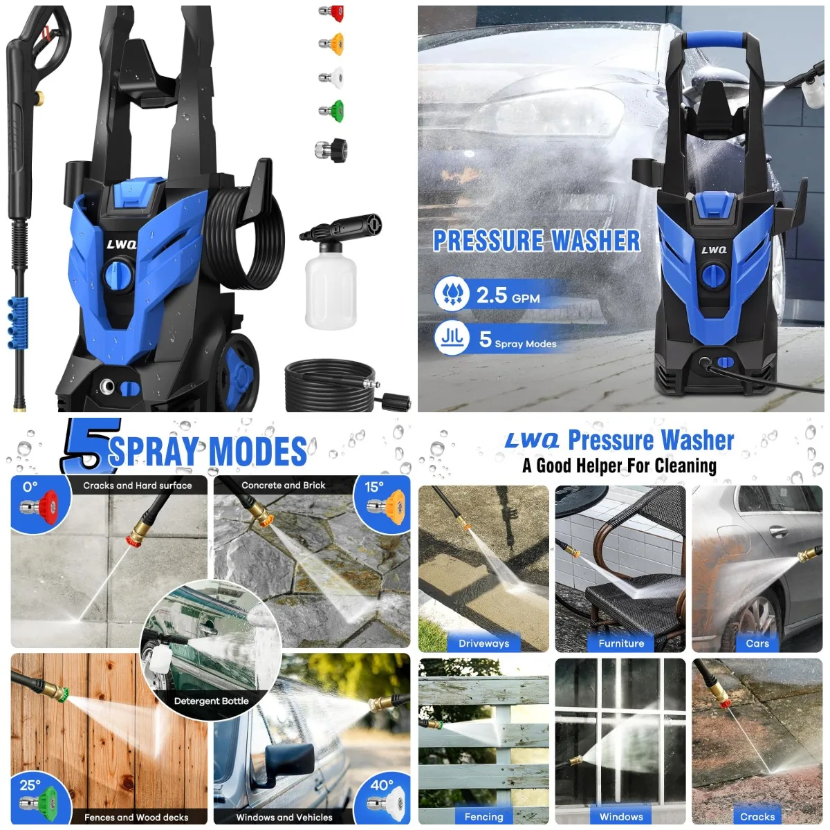 Pressure Washer with 4 Nozzles & Foam Cannon, High-Pressure Cleaner for Cars, Driveways, Patios - Blue
Pressure Washer with 4 Nozzles & Foam Cannon, High-Pressure Cleaner for Cars, Driveways, Patios - Blue