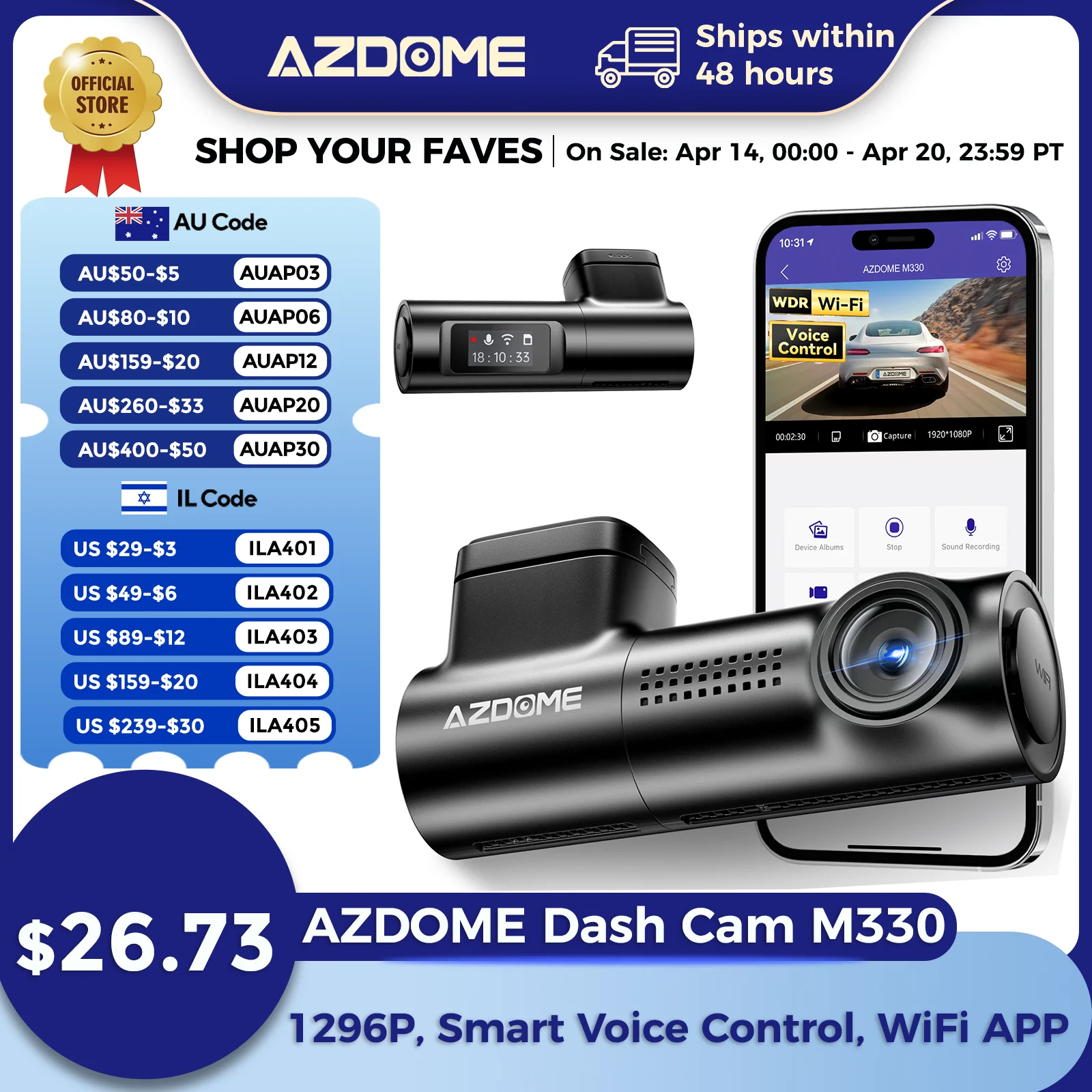 AZDOME M330 Car DVR 1296P Dash Cam Smart Voice Control WiFi Free APP G-sensor Emergency Record Parking Monitor Loop Recording
AZDOME M330 Car DVR 1296P Dash Cam Smart Voice Control WiFi Free APP G-sensor Emergency Record Parking Monitor Loop Recording