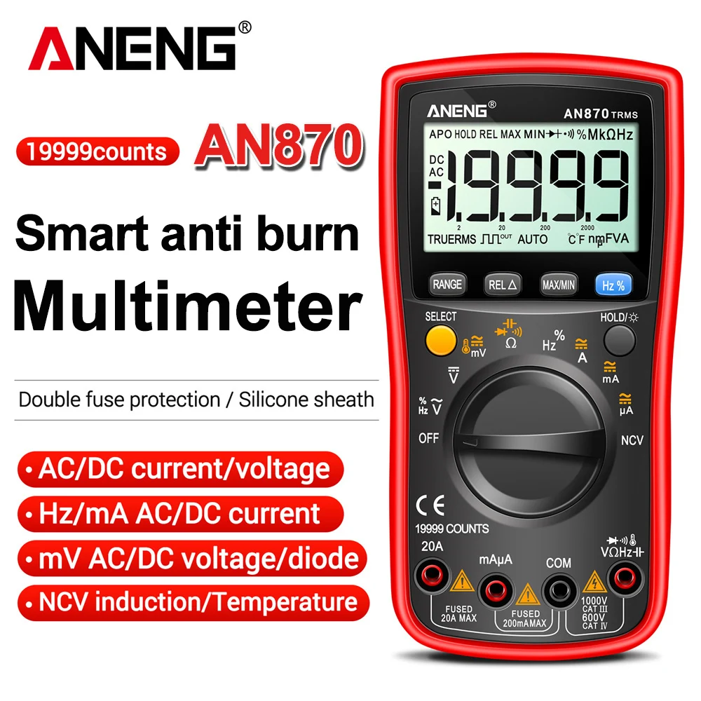 ANENG AN870 Smart Multimeter Digital Profesional 19999 Counts AC Voltage Tester Current NCV Capacitance Resistance Ohm Test Tool
ANENG AN870 Smart Multimeter Digital Profesional 19999 Counts AC Voltage Tester Current NCV Capacitance Resistance Ohm Test Tool