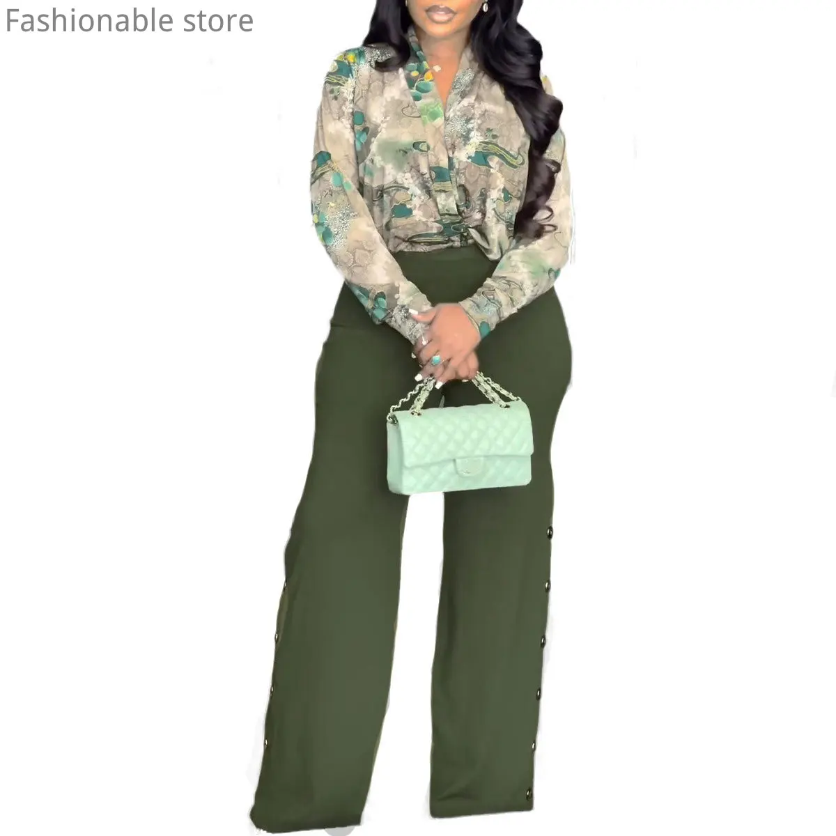 Women's Casual Print Long Sleeve Deep V Neck Shirt Blouse and High Waist Button Decor Wide Leg Pants 2pcs Set
Women's Casual Print Long Sleeve Deep V Neck Shirt Blouse and High Waist Button Decor Wide Leg Pants 2pcs Set
