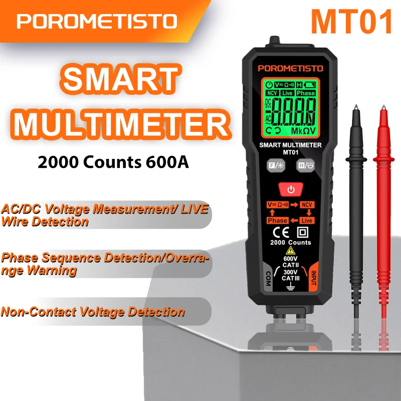 POROMETISTO MT01 AC/DC Auto-ranging Smart Multimeter 2000 Counts Multitester Voltage Tester Phase Resistance LIVE NCV TRMS Tool
POROMETISTO MT01 AC/DC Auto-ranging Smart Multimeter 2000 Counts Multitester Voltage Tester Phase Resistance LIVE NCV TRMS Tool