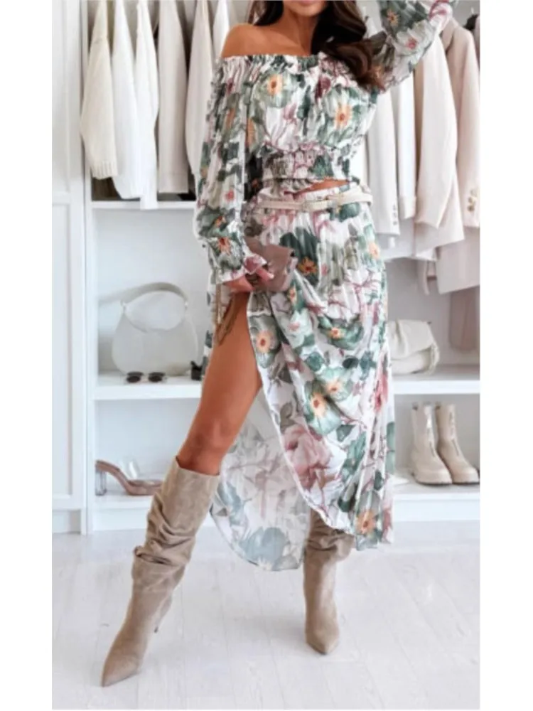Fashion Floral Print Set Lady Elegant Long Sleeve Slash Neck Off Shoulder Tops+high Waist Loose Skirt Two Piece Sets For Women
Fashion Floral Print Set Lady Elegant Long Sleeve Slash Neck Off Shoulder Tops+high Waist Loose Skirt Two Piece Sets For Women