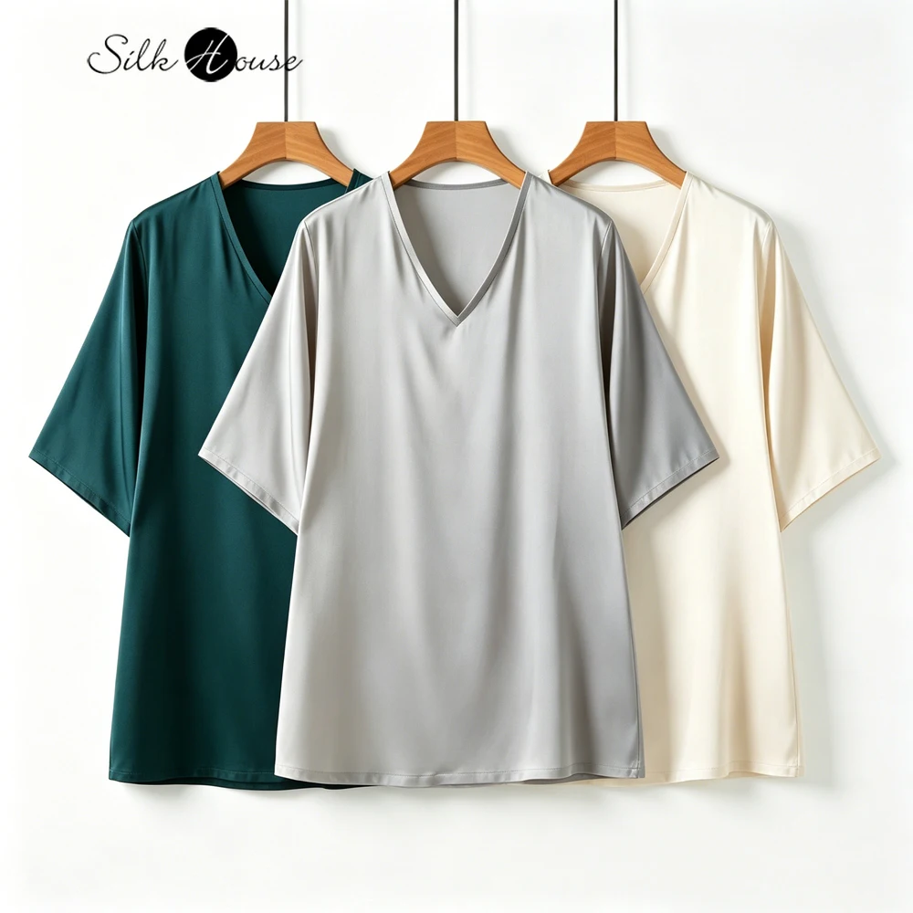 Women's Casual Summer New 93% Natural Mulberry Silk Elastic Double Qiao Satin Simple V-neck Short Sleeved T-shirt
Women's Casual Summer New 93% Natural Mulberry Silk Elastic Double Qiao Satin Simple V-neck Short Sleeved T-shirt