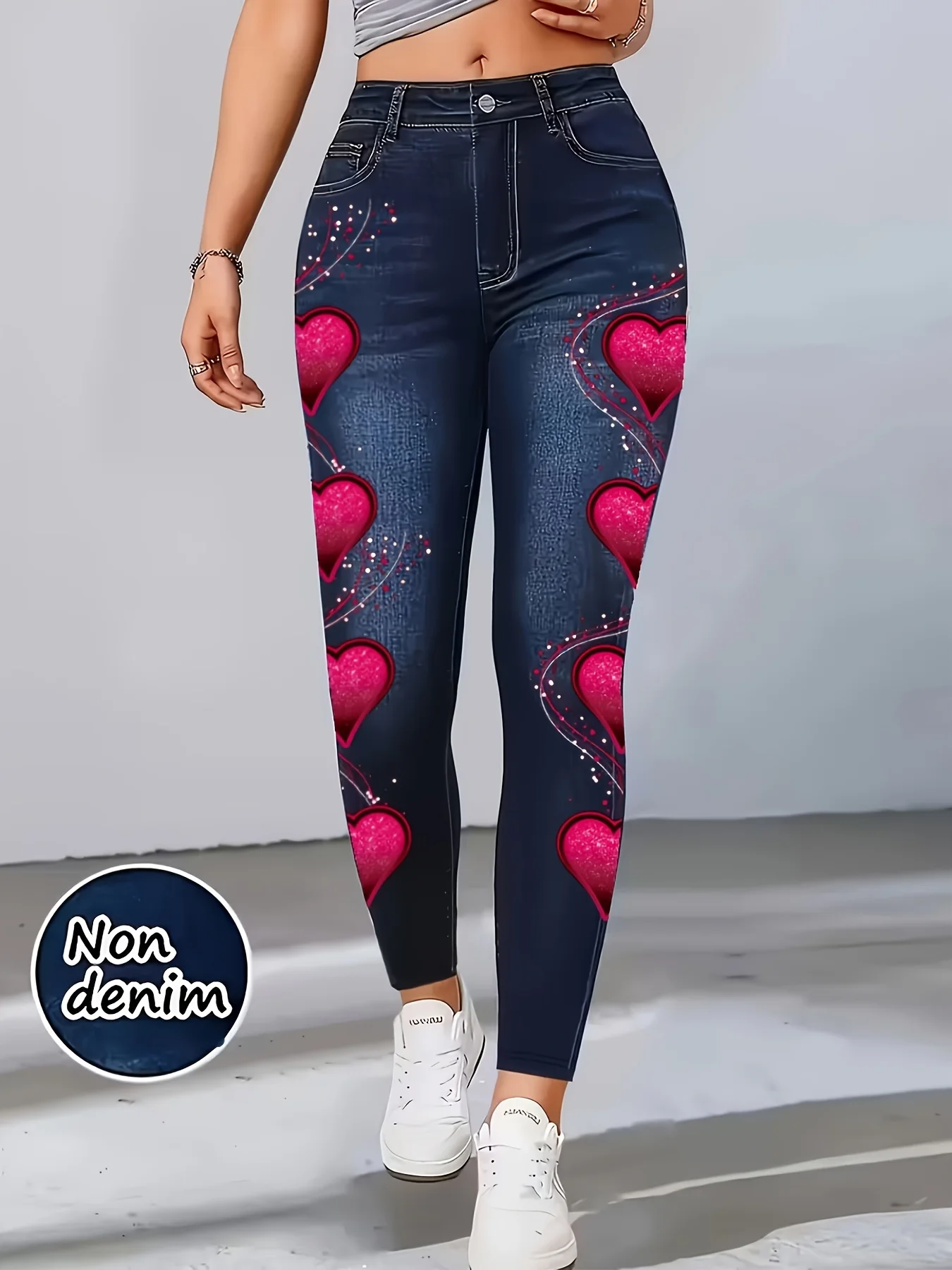 Women High Waist Faux Denim Leggings, Heart Print Skinny Pencil Pants, Stretch Non-Denim Slim Casual Streetwear Trousers
Women High Waist Faux Denim Leggings, Heart Print Skinny Pencil Pants, Stretch Non-Denim Slim Casual Streetwear Trousers