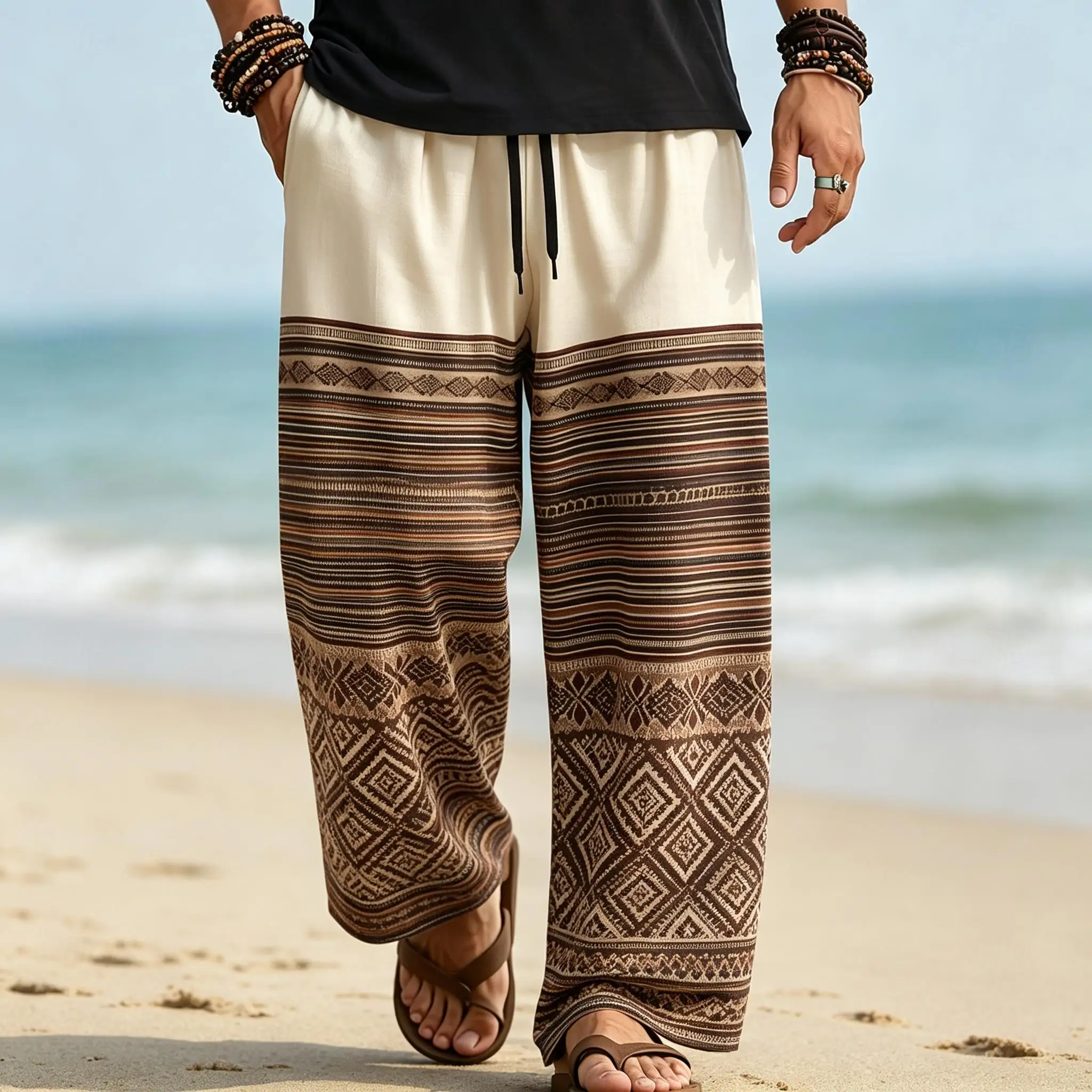 Men's Boho Tribal Geometric Hem Print Drawstring Wide Leg Pants, Casual Loose Trousers For Spring Summer Beach Daily Wear
Men's Boho Tribal Geometric Hem Print Drawstring Wide Leg Pants, Casual Loose Trousers For Spring Summer Beach Daily Wear