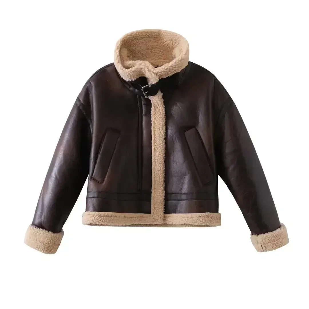 Women Fashion With pockets Cropped Casual Fur Faux Leather Jacket Coat Vintage Long Sleeve Button-up Female Outerwear Chic Tops
Women Fashion With pockets Cropped Casual Fur Faux Leather Jacket Coat Vintage Long Sleeve Button-up Female Outerwear Chic Tops
