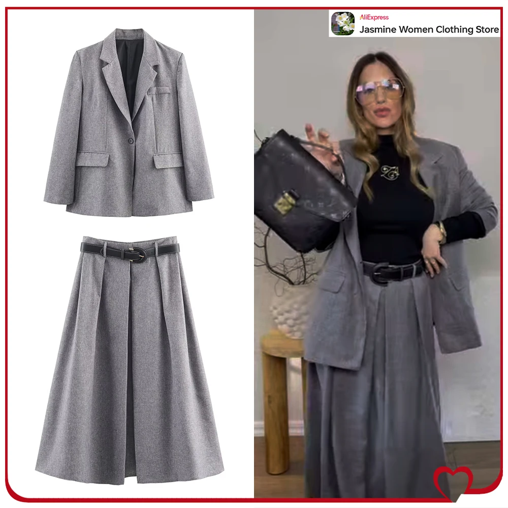Stylish Women Commuting Style 2 Piece Set Fall Gray Co-ord Set Herringbone Blazer with Shoulder Pads + Pleated Belted Midi Skirt
Stylish Women Commuting Style 2 Piece Set Fall Gray Co-ord Set Herringbone Blazer with Shoulder Pads + Pleated Belted Midi Skirt