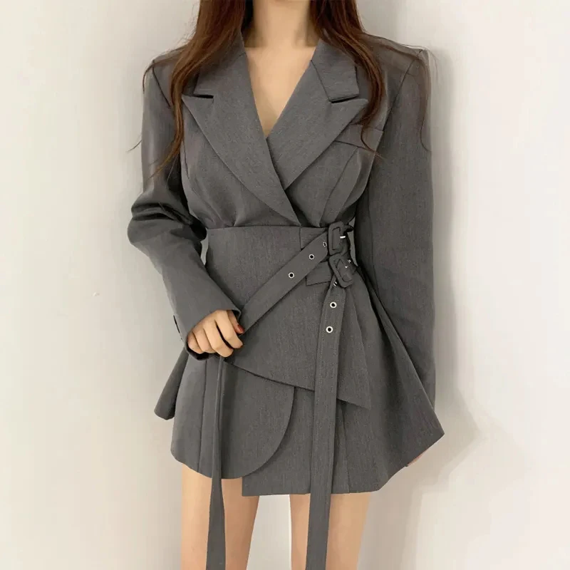 Blazer Dual Waist Belts Dress Women Gray Patchwork Asymmetric Slim Dress Long Sleeve Autumn Commuter Elegant Office Lady Dress 
Blazer Dual Waist Belts Dress Women Gray Patchwork Asymmetric Slim Dress Long Sleeve Autumn Commuter Elegant Office Lady Dress