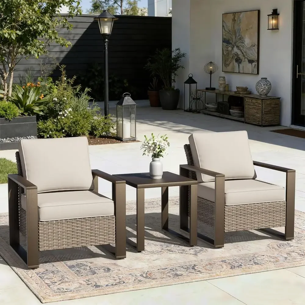 3-Piece Wicker Rattan Patio Furniture Set with 2 Chairs and Table, Metal Armrests, Thick Cushions for Garden, Backyard, Porch, D
3-Piece Wicker Rattan Patio Furniture Set with 2 Chairs and Table, Metal Armrests, Thick Cushions for Garden, Backyard, Porch, D