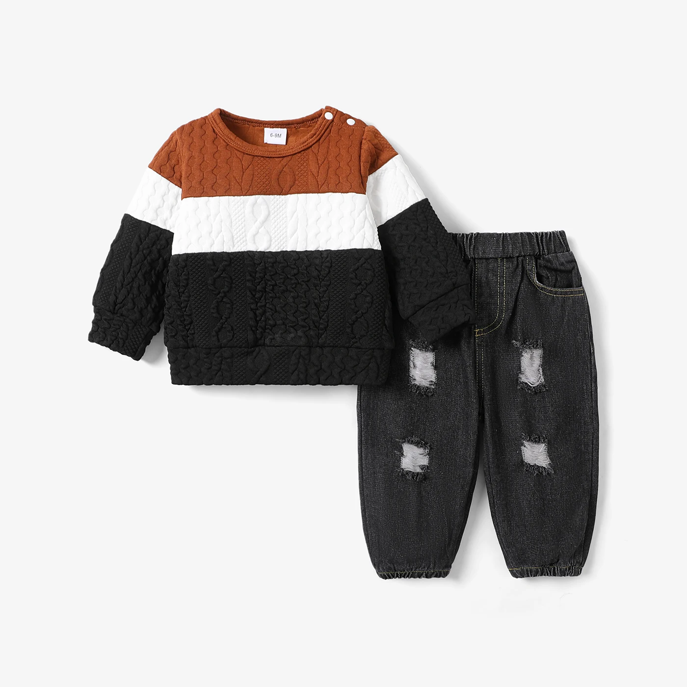PatPat 2pcs Baby Boy 95% Cotton Ripped Jeans and Textured Colorblock Long-sleeve Sweatshirt Set
PatPat 2pcs Baby Boy 95% Cotton Ripped Jeans and Textured Colorblock Long-sleeve Sweatshirt Set