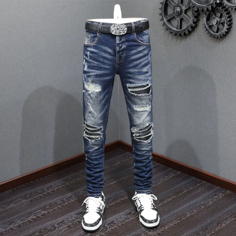 Designer fashion new jeans perforated black leather washed water nostalgic stretch slim fit retro deep blue jeans high street hi
Designer fashion new jeans perforated black leather washed water nostalgic stretch slim fit retro deep blue jeans high street hi