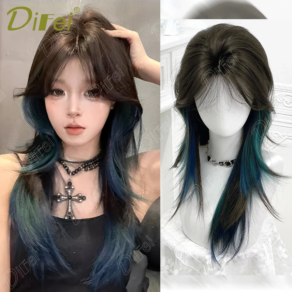 DIFEI Blue-green Highlight Wig Synthetic Lolita Wig Female Layered Long Straight Hair Wig With Bangs Daily Cosplay Party Wig
DIFEI Blue-green Highlight Wig Synthetic Lolita Wig Female Layered Long Straight Hair Wig With Bangs Daily Cosplay Party Wig