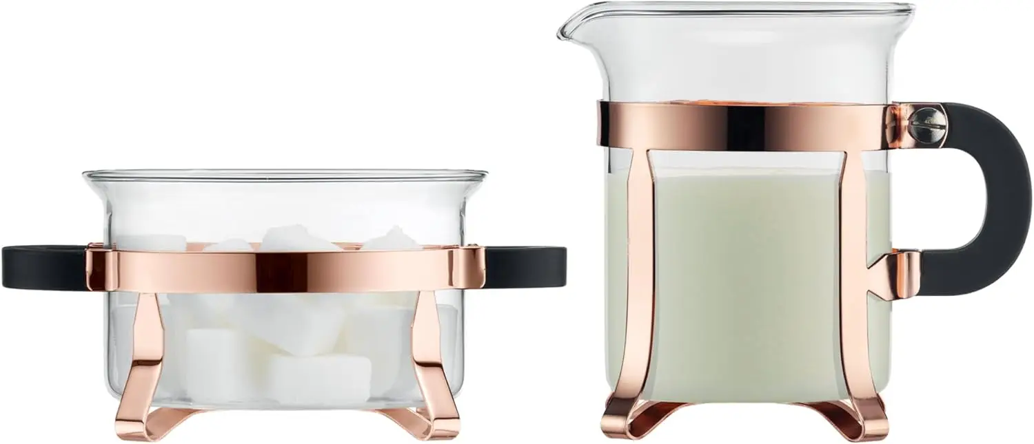 Glass Sugar and Creamer Set with Copper Lid Frames for Coffee and Tea
Glass Sugar and Creamer Set with Copper Lid Frames for Coffee and Tea