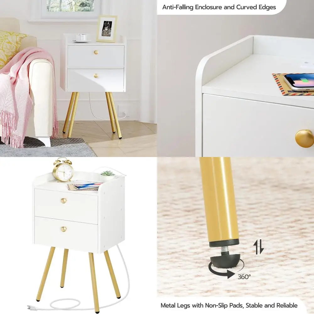 Stylish Charging Nightstand with 2 Drawers, Multiple Ports, Metal Legs, White & Gold
Stylish Charging Nightstand with 2 Drawers, Multiple Ports, Metal Legs, White & Gold