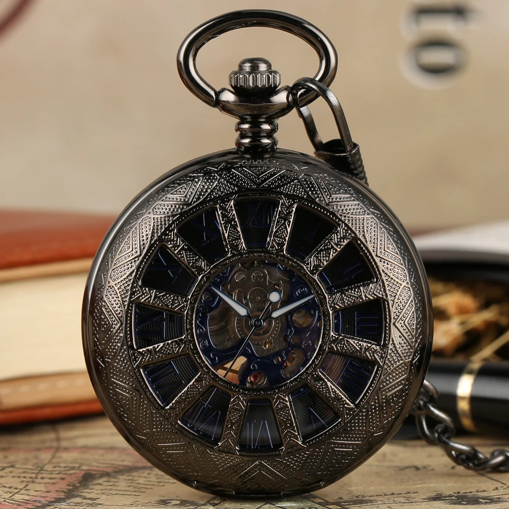 Hollow Wheel Hub Design Mechanical Pocket Men Watch Stylish Blue Roman Numerals Dial Steampunk Retro Black Antique Timepiece
Hollow Wheel Hub Design Mechanical Pocket Men Watch Stylish Blue Roman Numerals Dial Steampunk Retro Black Antique Timepiece