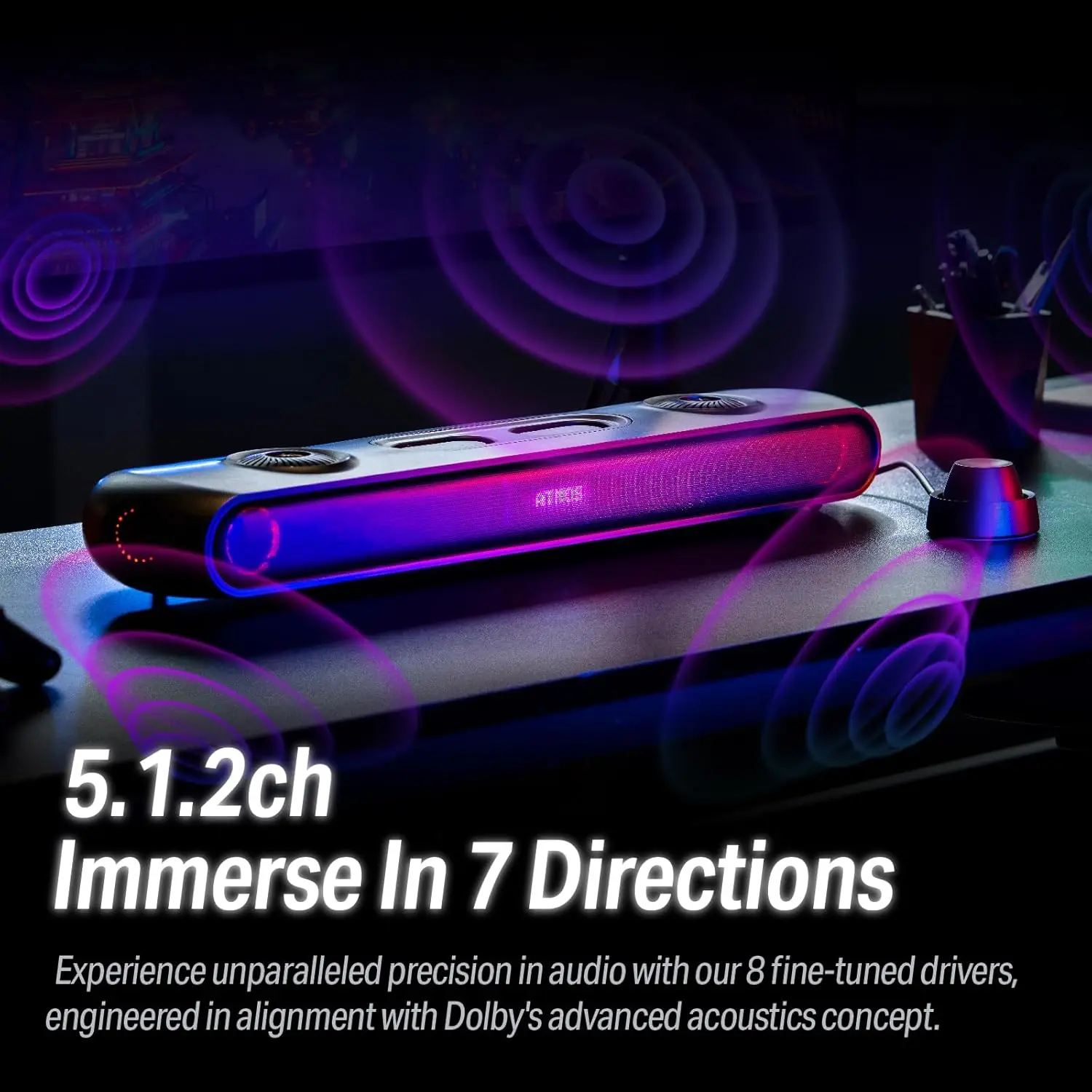 Gaming Soundbar with 5.1.2 Dolby Atmos Surround Sound System, Built-in Woofer, Bluetooth Multi-Connection, 3 Pro Gamer Modes
Gaming Soundbar with 5.1.2 Dolby Atmos Surround Sound System, Built-in Woofer, Bluetooth Multi-Connection, 3 Pro Gamer Modes