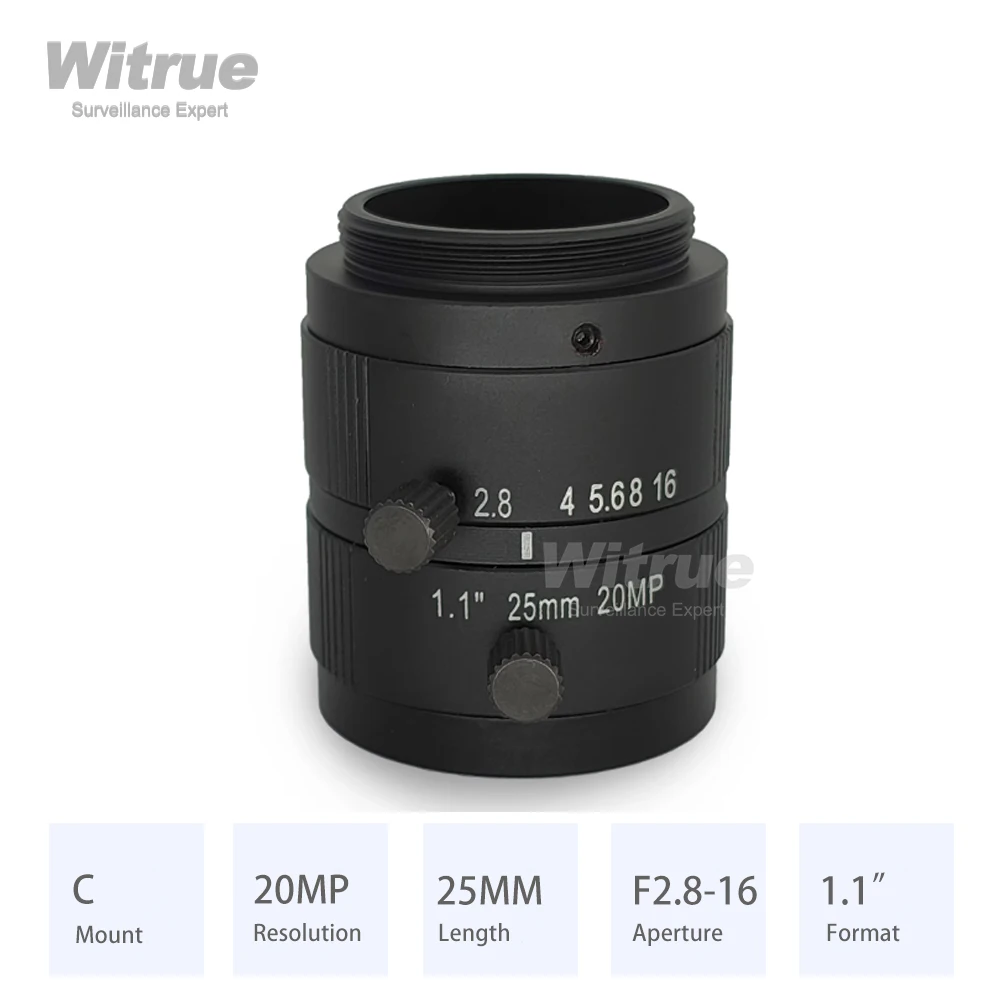 Witrue HD 4K C Mount CCTV Lens 20MP 25MM Format 1.1“ Aperture F2.8-F16 IR Correction Machine Vision Lenses for Security Cameras
Witrue HD 4K C Mount CCTV Lens 20MP 25MM Format 1.1“ Aperture F2.8-F16 IR Correction Machine Vision Lenses for Security Cameras