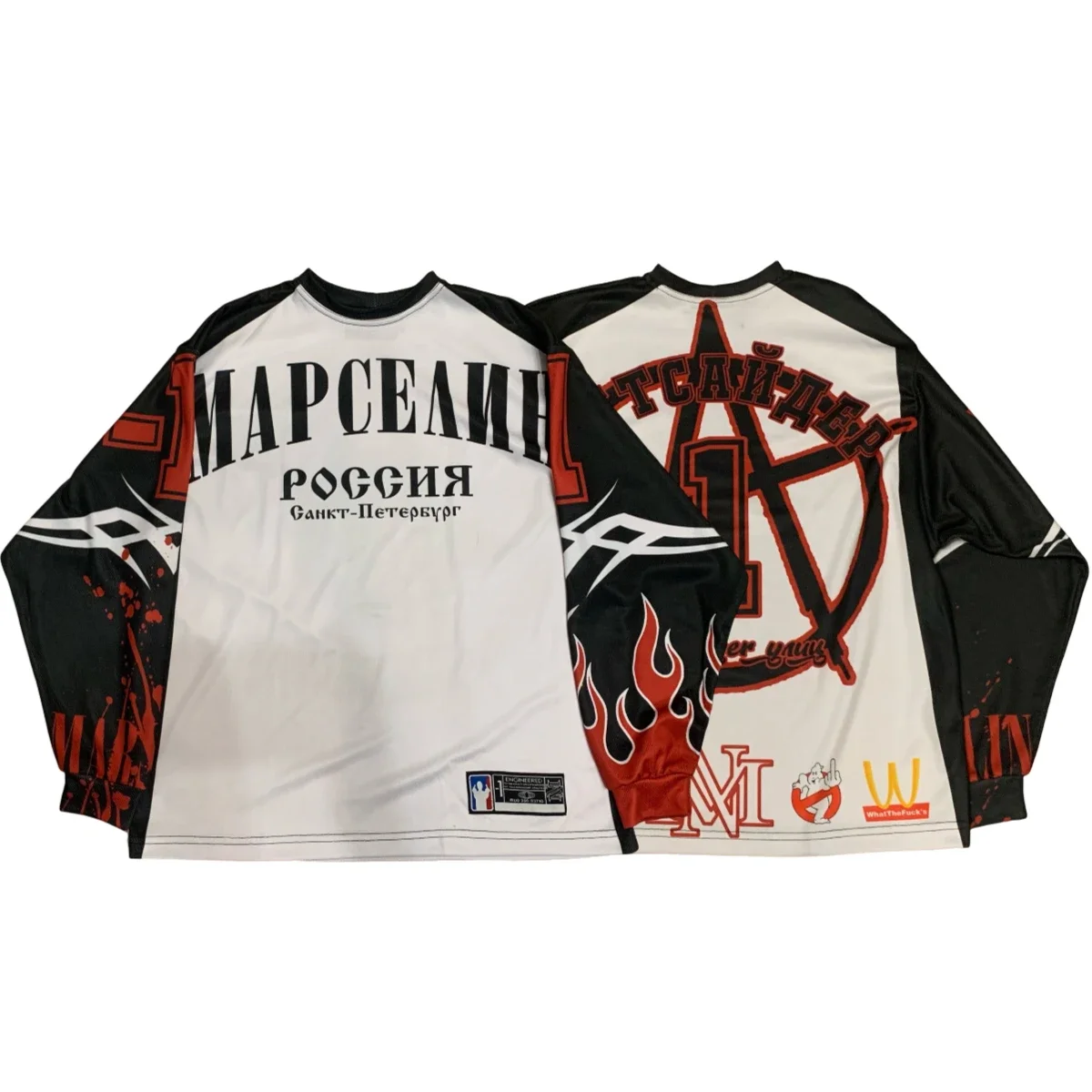 Retro Harajuku motorcycle style hip hop print sports jersey loose color block raglan long sleeve hip hop round neck T-shirt 
Retro Harajuku motorcycle style hip hop print sports jersey loose color block raglan long sleeve hip hop round neck T-shirt