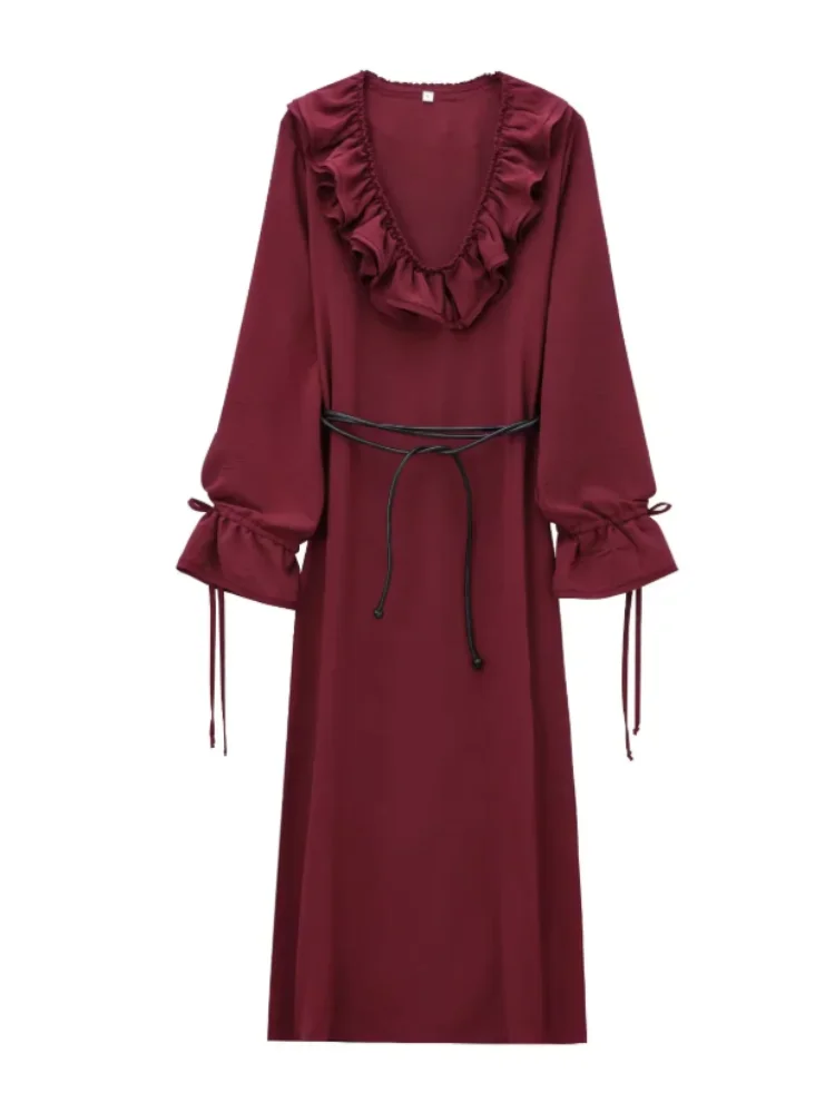 Women Ruffle V-neck Midi Dress Chic Balloon Sleeve With Belt Fashion Casual Long Dresses Female Spring High Street Gown 2026
Women Ruffle V-neck Midi Dress Chic Balloon Sleeve With Belt Fashion Casual Long Dresses Female Spring High Street Gown 2026