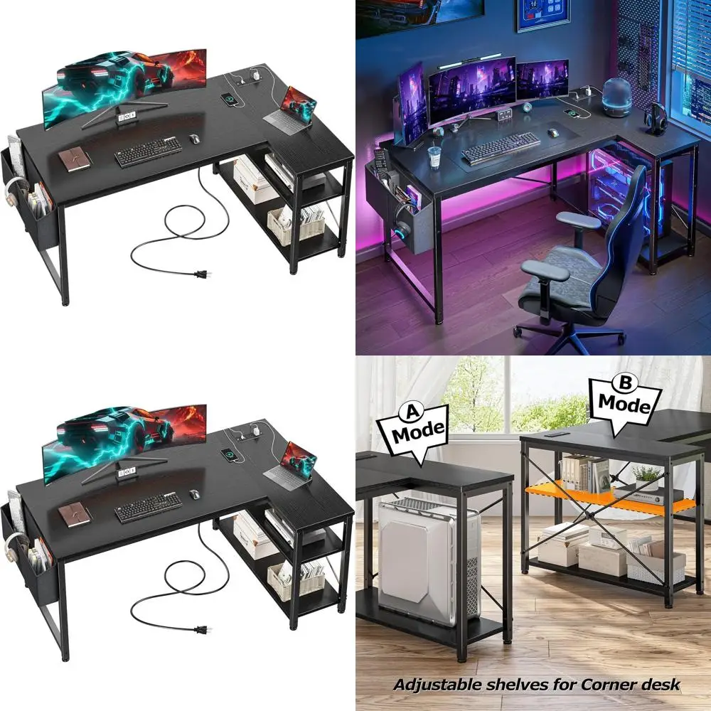 40 L-Shaped Black Gaming Desk with Storage Shelves, Side Bag, and Power Outlets for Home Office
40 L-Shaped Black Gaming Desk with Storage Shelves, Side Bag, and Power Outlets for Home Office