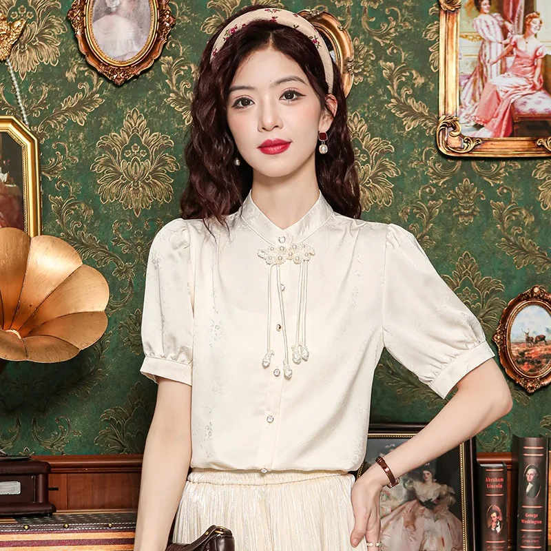 Chinese-style Women's Blouses Print Vintage Shirts Fashion Loose Spring/Summer Version Clothing Short Sleeves Satin Women Tops
Chinese-style Women's Blouses Print Vintage Shirts Fashion Loose Spring/Summer Version Clothing Short Sleeves Satin Women Tops