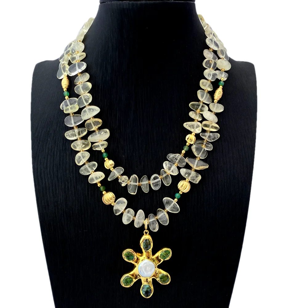 YYGEM Green jasper White Pearl Flower Pendant 2 Strands Natural Lemon Quartz freeform Necklace Style Fashion Jewelry
YYGEM Green jasper White Pearl Flower Pendant 2 Strands Natural Lemon Quartz freeform Necklace Style Fashion Jewelry