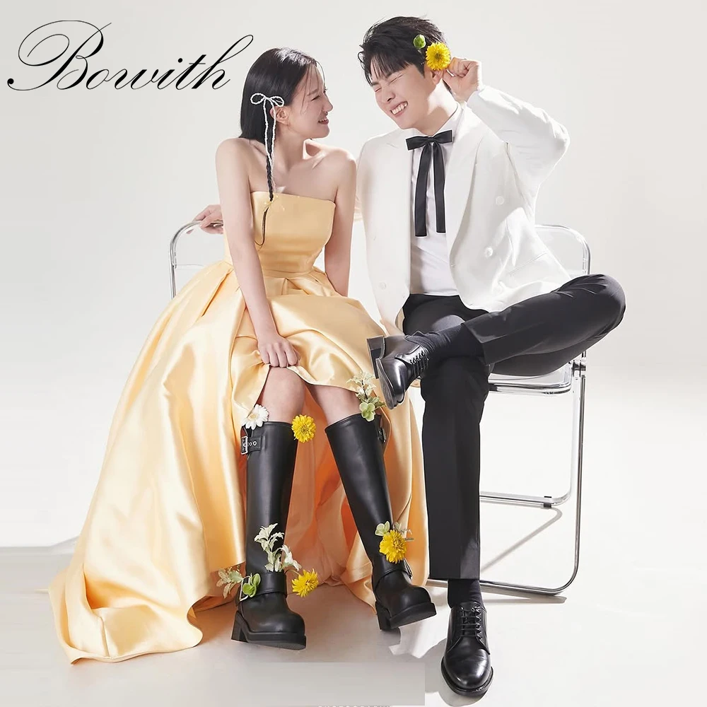 Bowith Golden Korea Strapless Evening Dresses Wedding Photo Shoot Satin Party Gown Sleeveless A Line Floor Length Customized
Bowith Golden Korea Strapless Evening Dresses Wedding Photo Shoot Satin Party Gown Sleeveless A Line Floor Length Customized