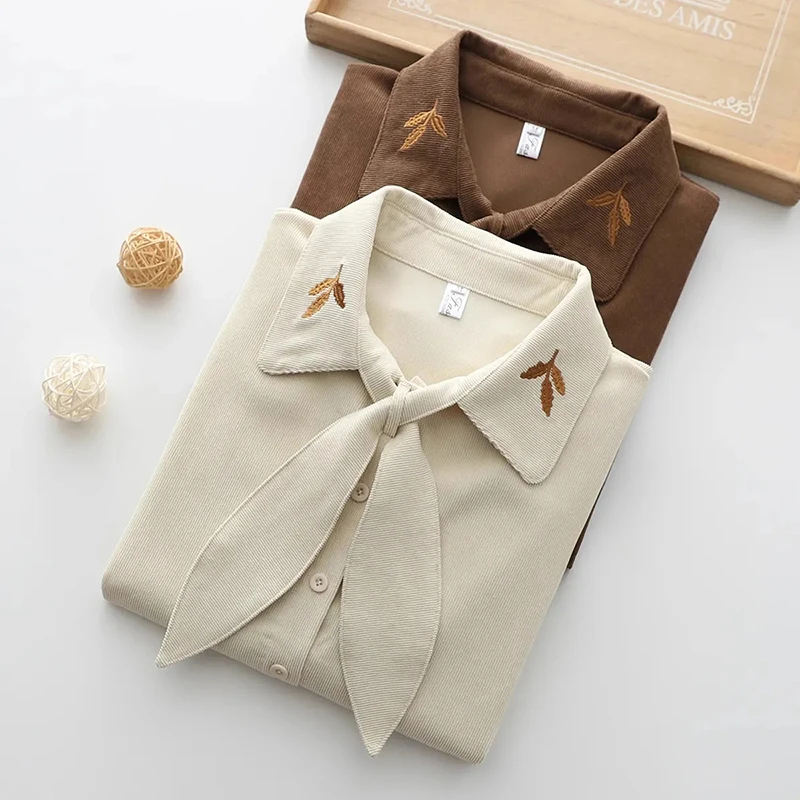 Korean Corduroy Sweet Shirt Women Leaf Embroidered Long Sleeve Blouse Elegant Fashion Loose Preppy Style Harajuku Bow Top
Korean Corduroy Sweet Shirt Women Leaf Embroidered Long Sleeve Blouse Elegant Fashion Loose Preppy Style Harajuku Bow Top