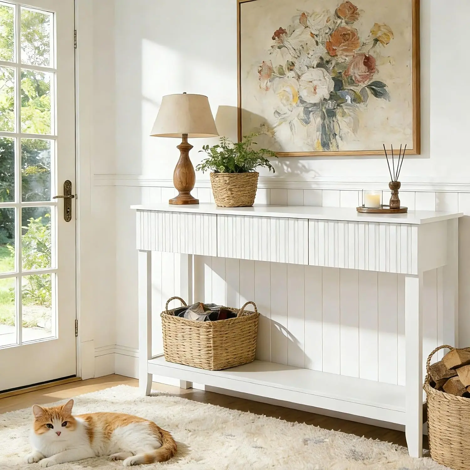 51" White Console Table 3 Fluted Drawers Open Storage Shelf Living Room Hallway, Customized
51" White Console Table 3 Fluted Drawers Open Storage Shelf Living Room Hallway, Customized