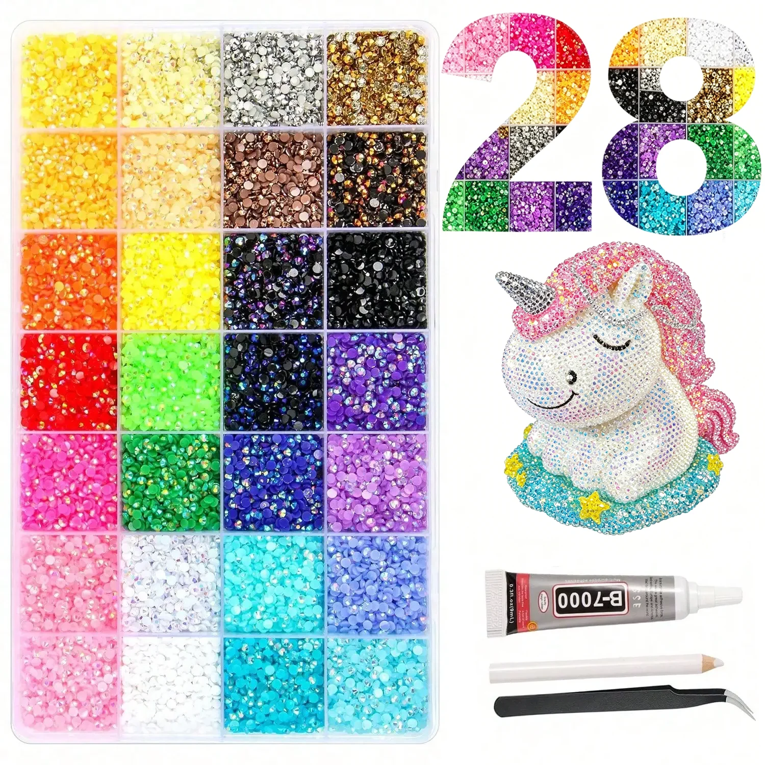28 Colors Rhinestone Bedazzling Kit with B7000 Glue for Nail Art Crafts Tumblers And DIY Projects
28 Colors Rhinestone Bedazzling Kit with B7000 Glue for Nail Art Crafts Tumblers And DIY Projects